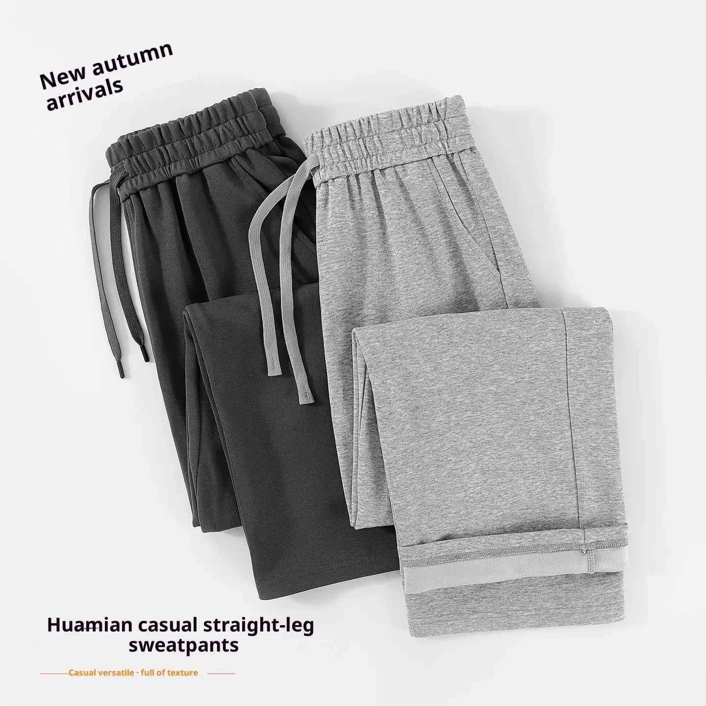 High-waisted straight-leg cotton pants in heather gray, loose fit, available in multiple colours