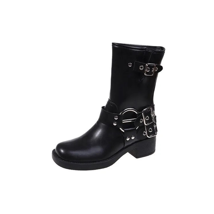 Black platform women's boot with a belt buckle on the shaft, mid-calf height.