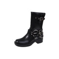 Black platform women's boot with a belt buckle on the shaft, mid-calf height.