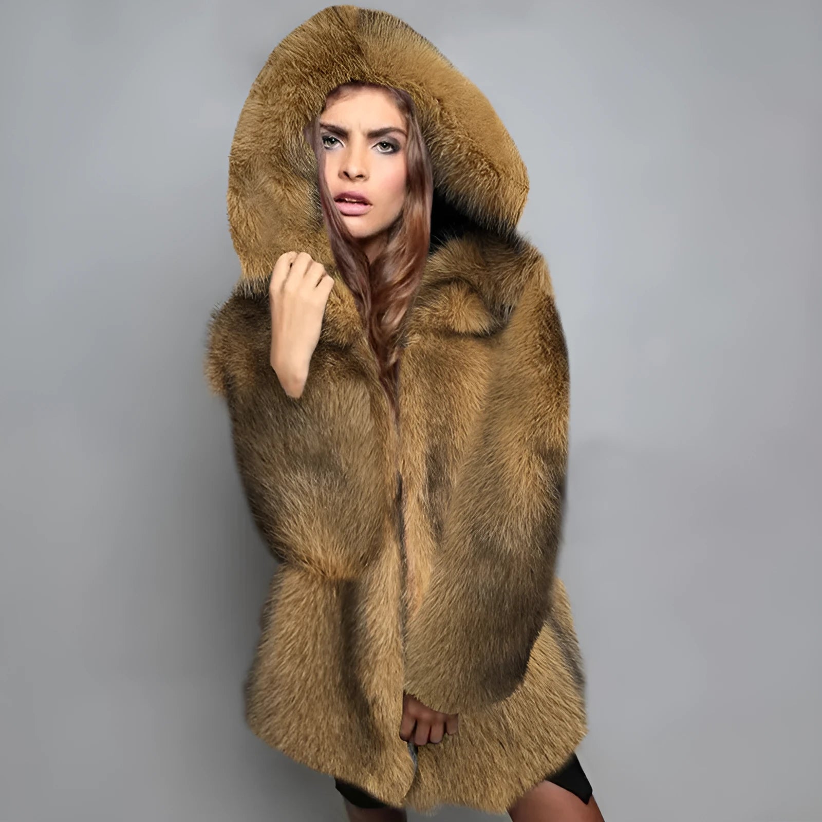 Silver grey loose-fit mid-length faux fur coat for women on a hanger