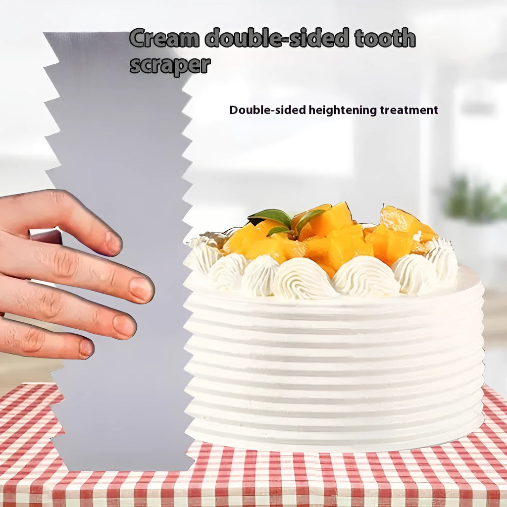 Stainless steel cake scraper with a polygon patterned edge for decorating.