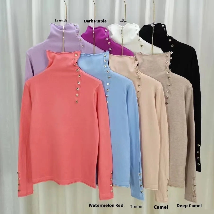 Women's slim fit knitted bottoming shirt in core-spun yarn showing light camel colour option
