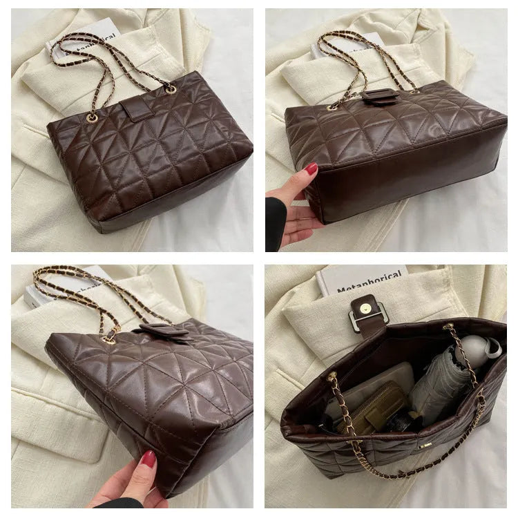 Women shoulder bag in trapezoid shape with chain strap, PU material, three-dimensional pocket, available in black white khaki brown