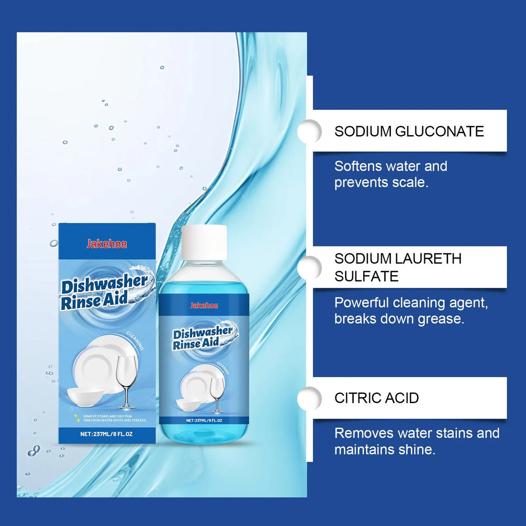 237mL bottle of concentrated dishwasher detergent aid liquid cleaner for kitchenware.