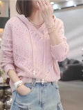 Women's loose crochet hollow knit hooded longsuit undershirt in a solid colour