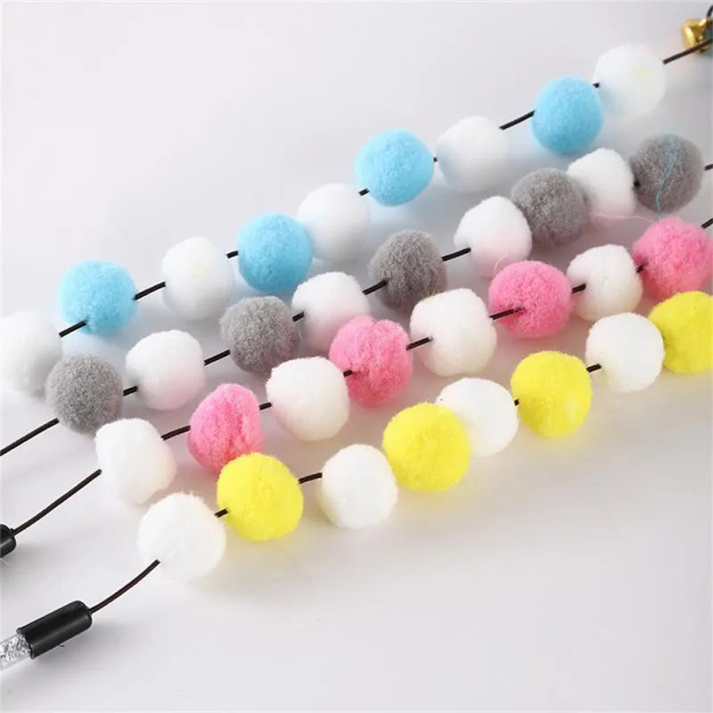 31cm long cat teaser toy rod with colourful pompons, feathers, and bell for interactive play