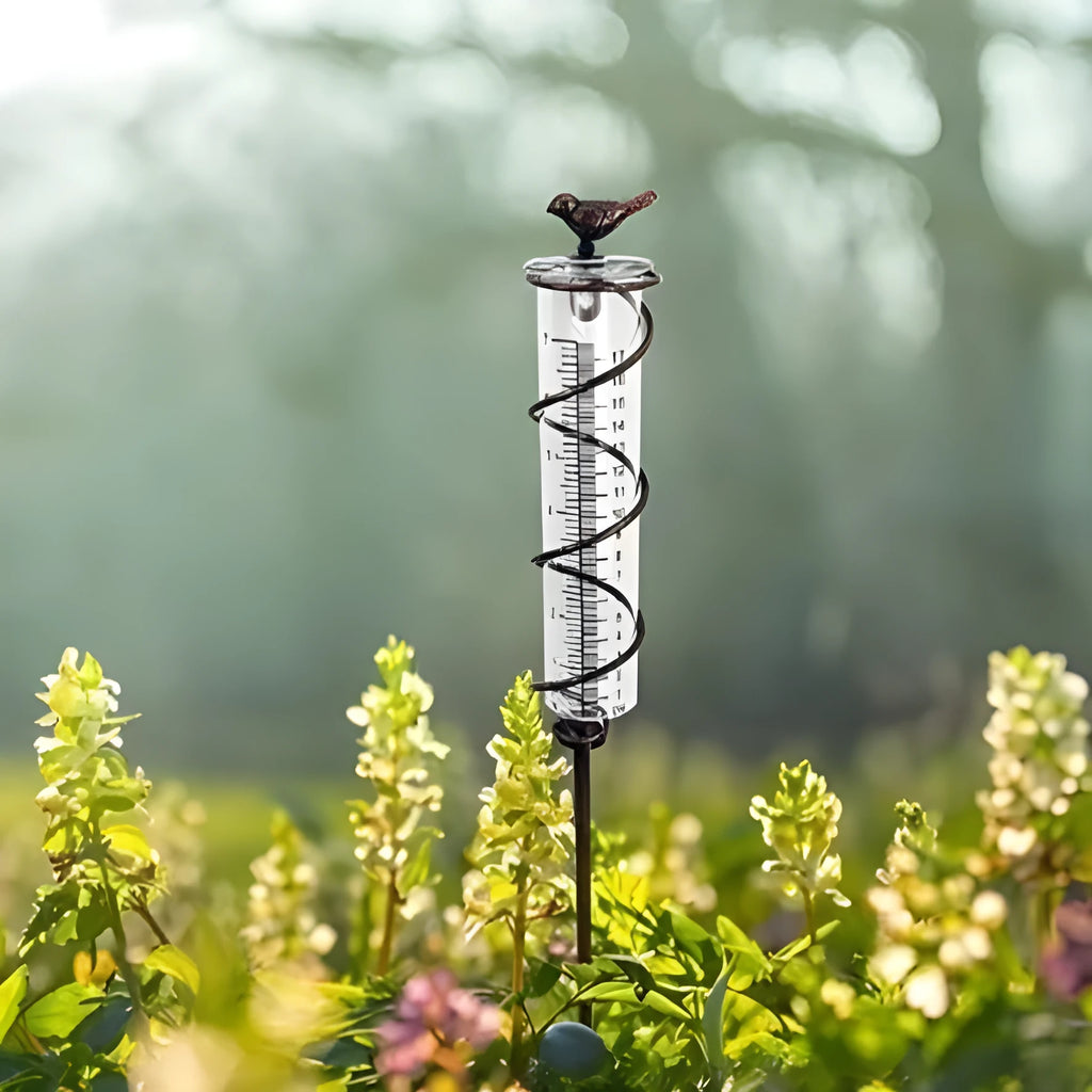 Cast iron bird design glass rain gauge for garden precipitation measurement