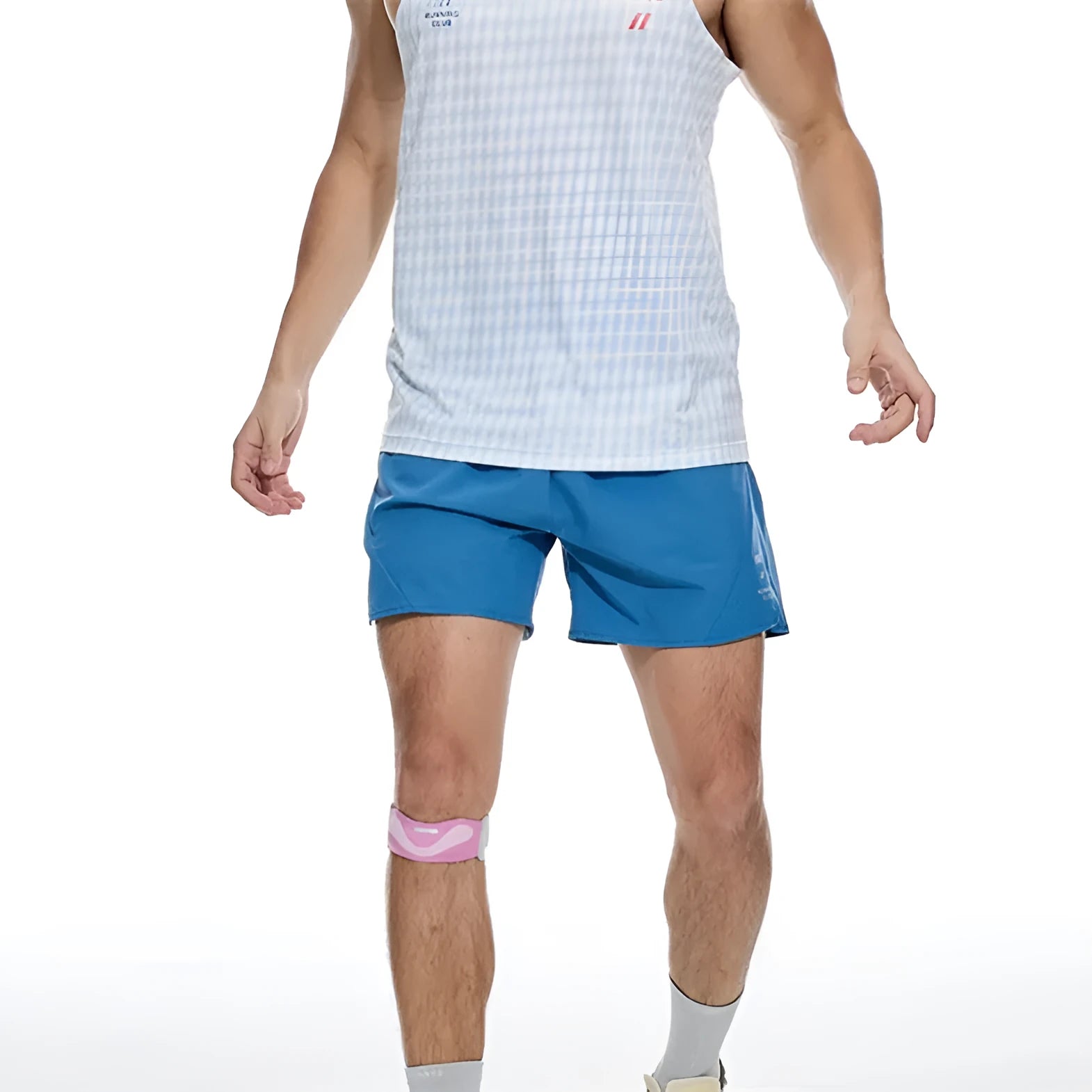 Black running shorts with laser-punched stitching and four-sided stretch fabric laid flat.