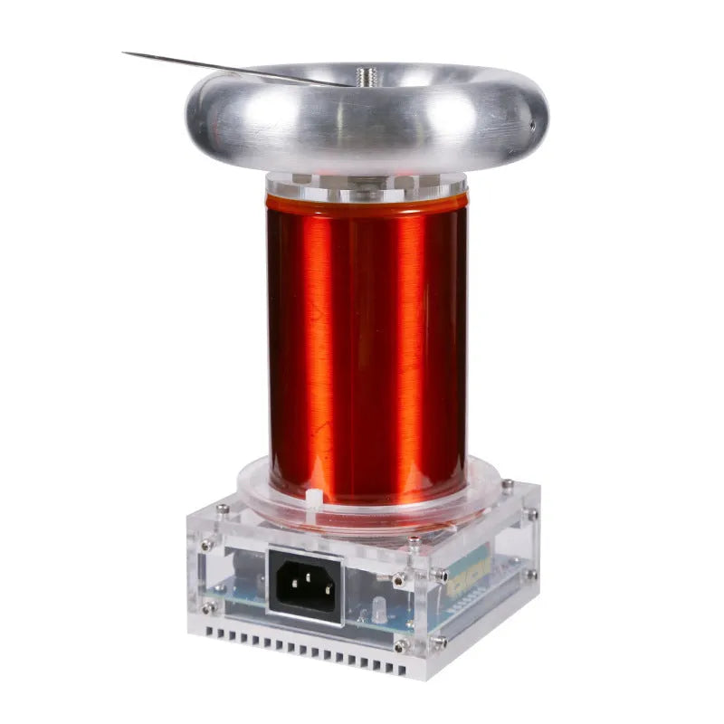 Music Tesla coil driver board with controller and cables, showing 220V power input and 3.5mm audio port.