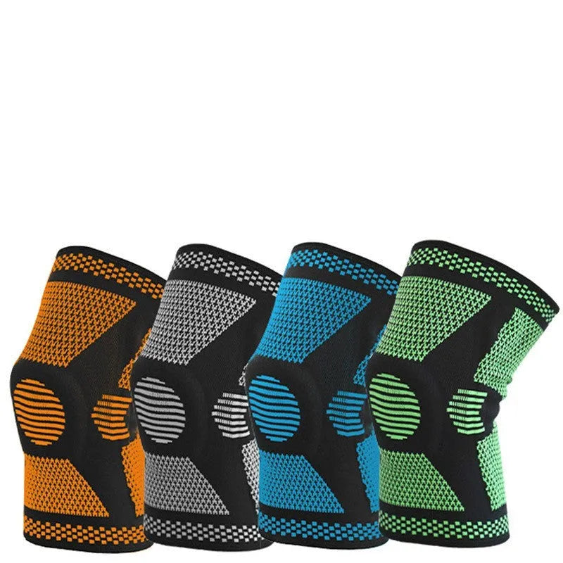 Sports fitness silicone spring knee pads in green, blue, orange, and white colours showing polyamide construction and knee support mechanism