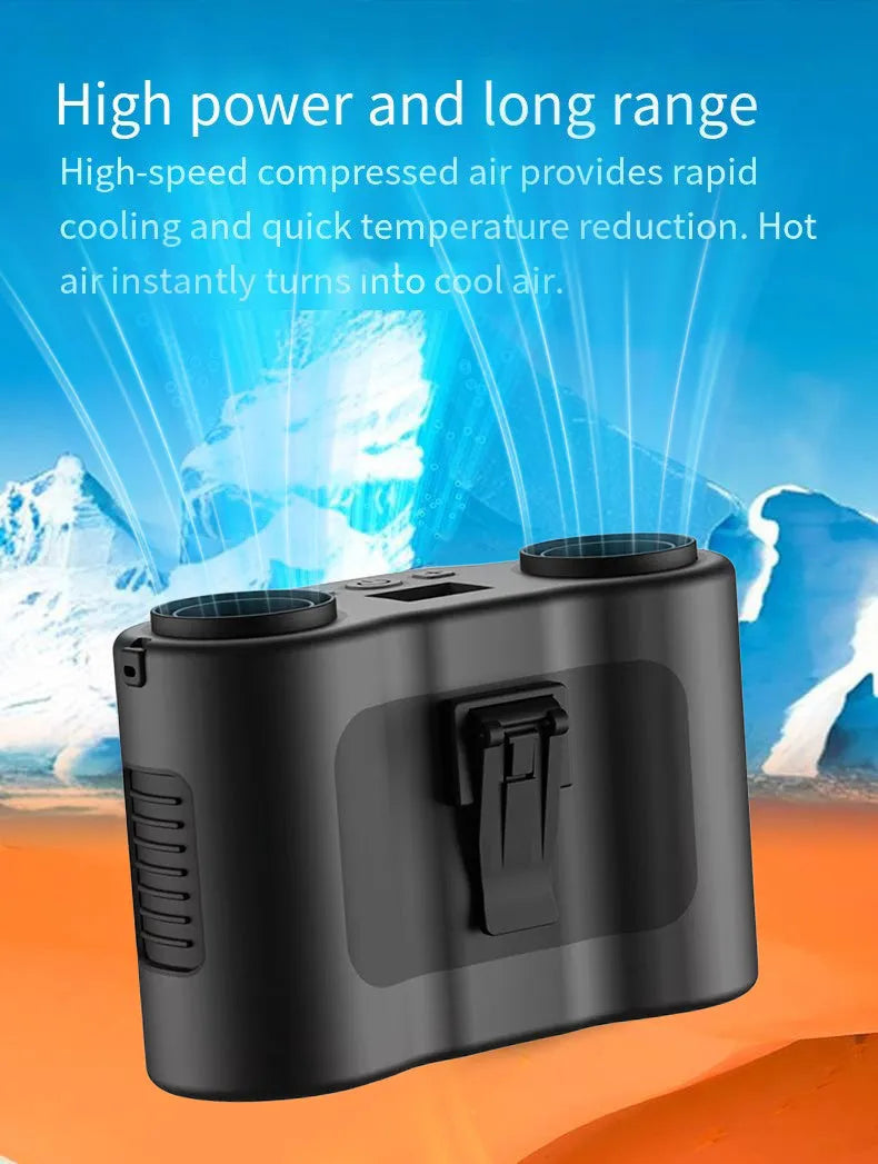 Grey handheld waist-hung portable fan with lanyard, showing air vents and control button.