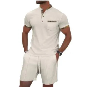 Men's waffle texture zipper polo collar short sleeve suit with matching solid colour shorts