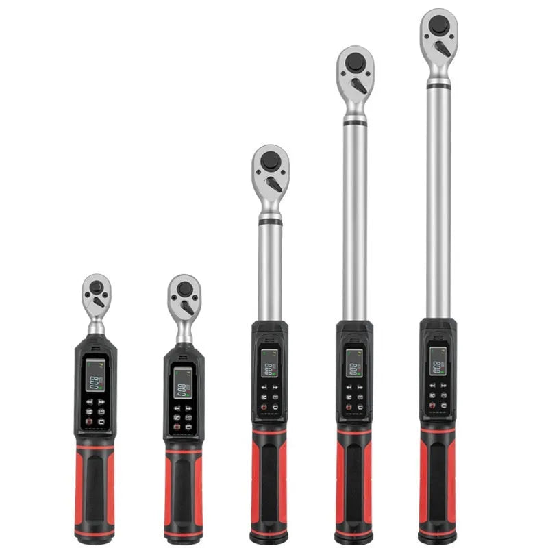 Electronic digital torque wrench with LCD display showing torque reading.