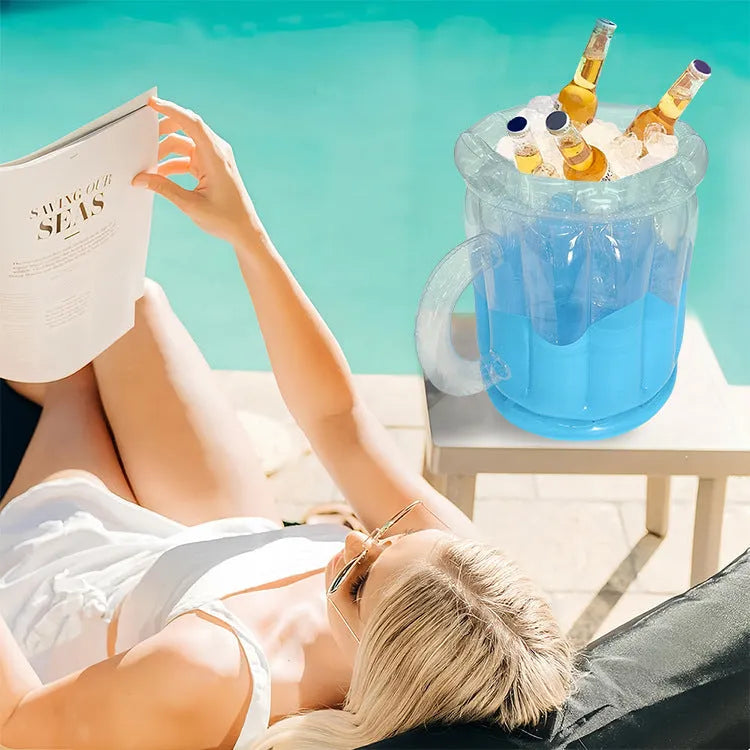 Yellow inflatable PVC ice bucket designed for chilling beer steins and drinks.