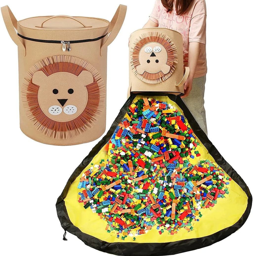 Green felt cube storage bag with pull rope, shown both as a closed bag and flattened as a play mat.