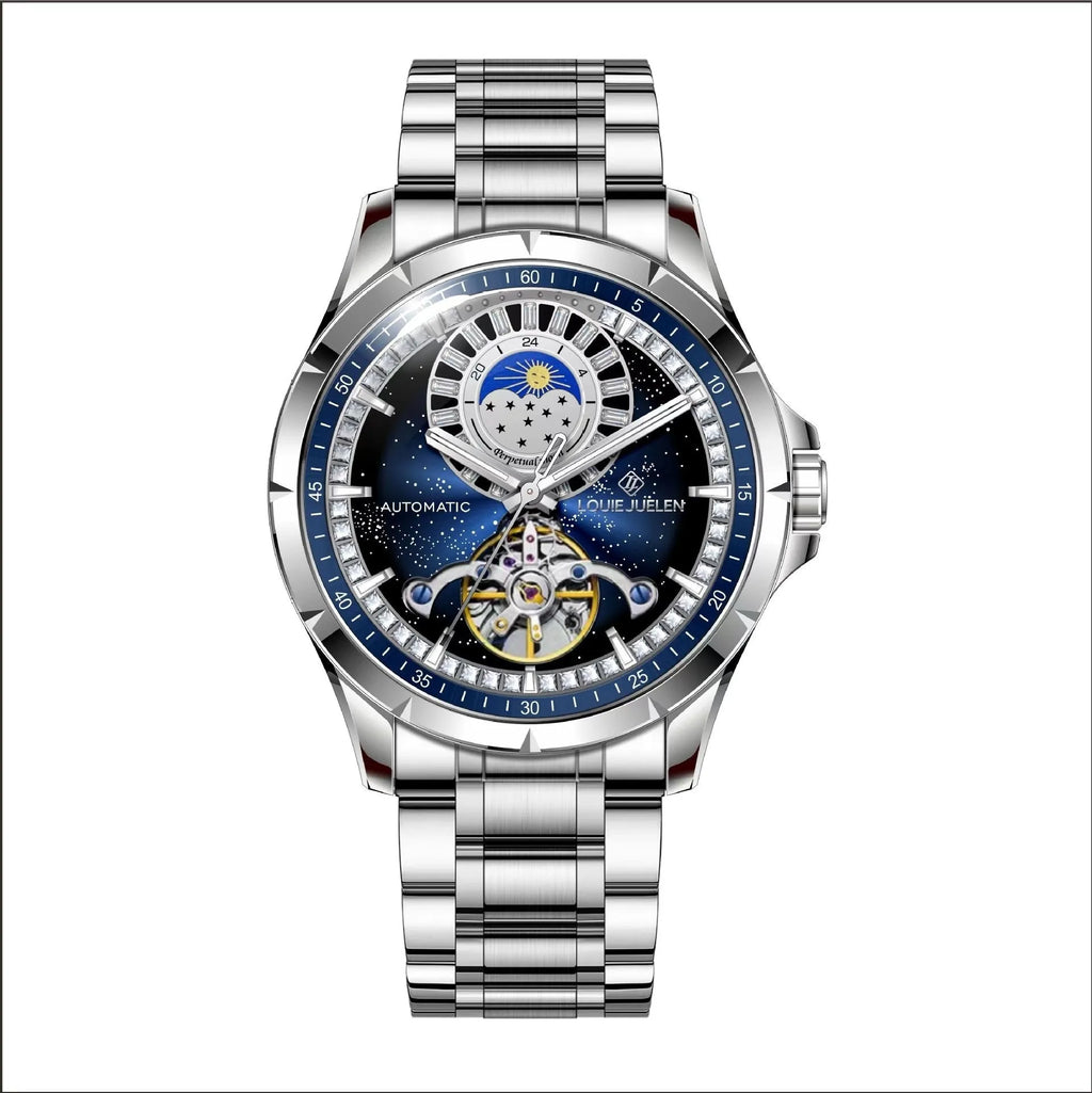 Men's silver automatic watch with blue dial and stainless steel strap showing transparent case back