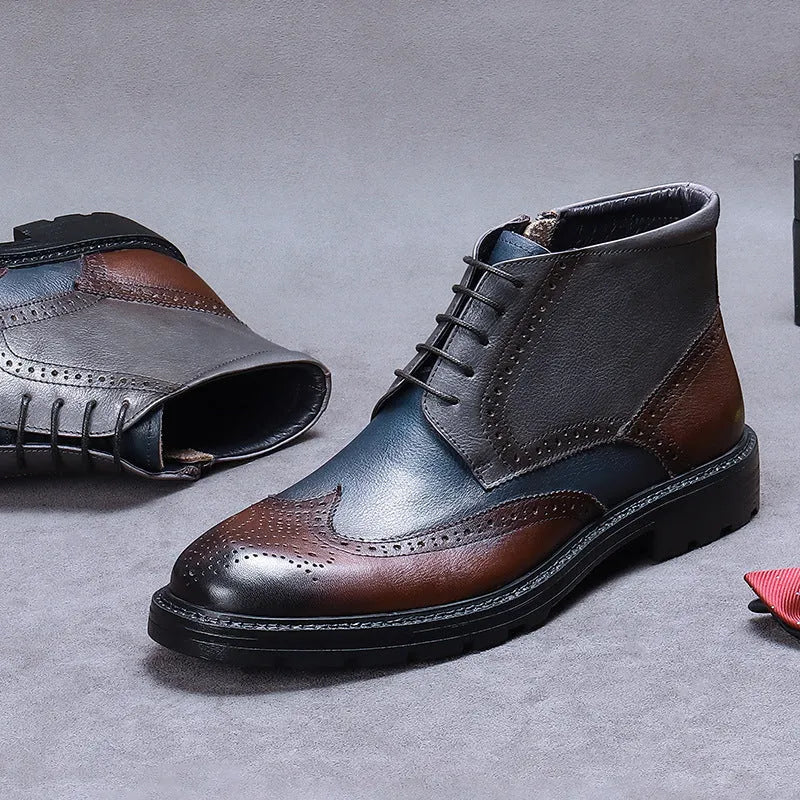 Men's coffee blue leather brogue boots with colour-block design and carved detailing on a low square heel.