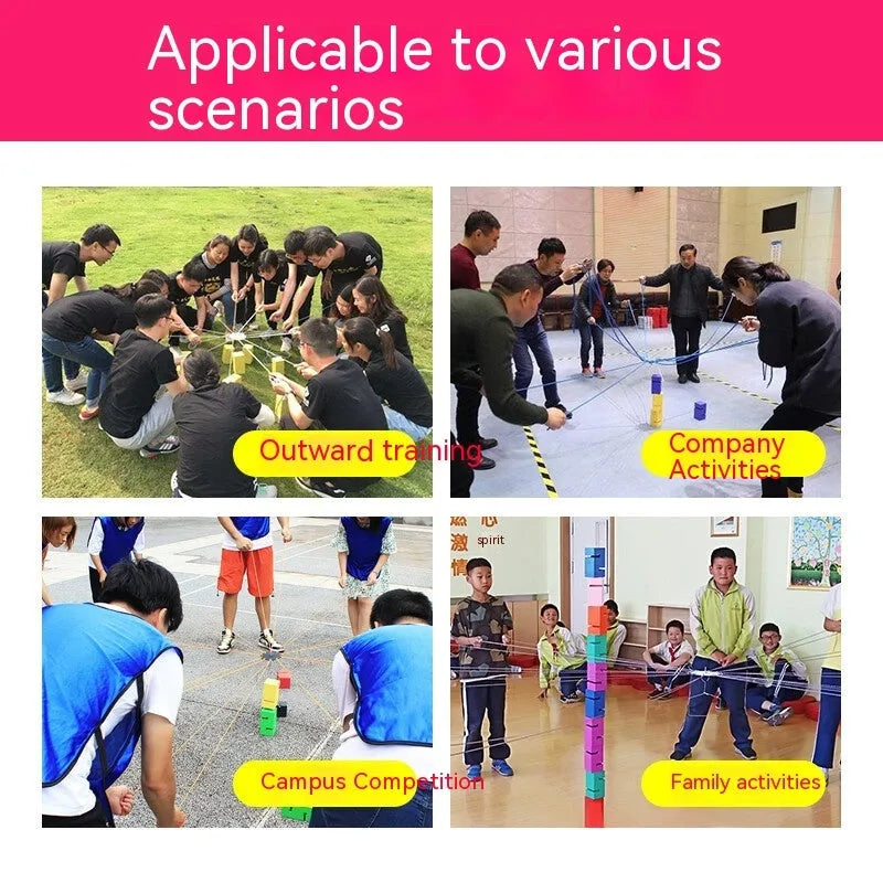 ABS plastic tower building game equipment with coloured blocks, pull ropes, and hook frames for team activities