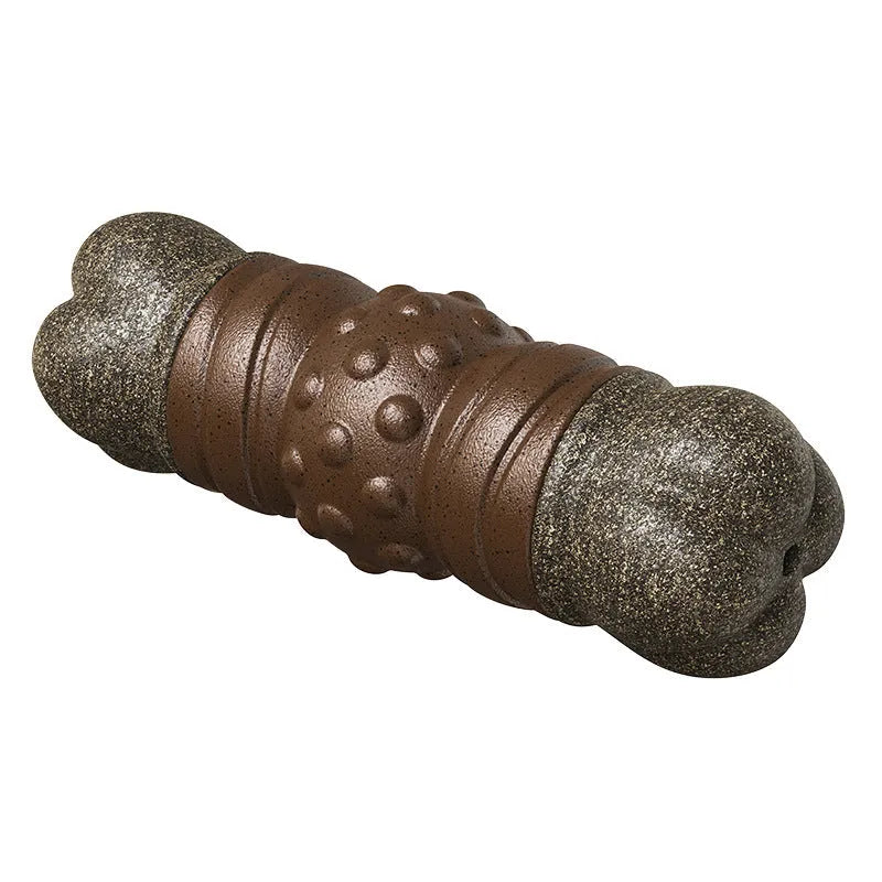 Wood colour plastic bone dog toy with molar rod toothbrush design for dental cleaning