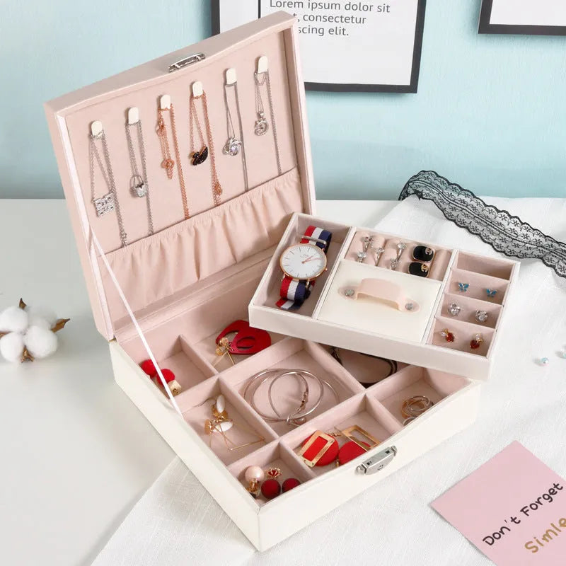 Red or white PU leather jewellery storage box for necklaces and rings with minimalist design