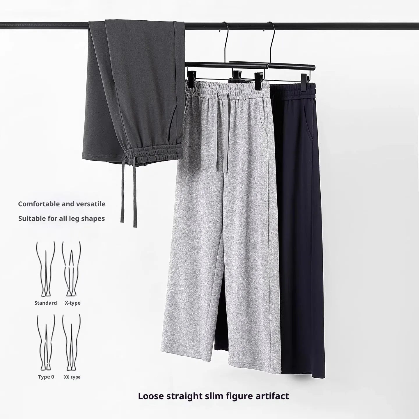 High-waisted straight-leg cotton pants in heather gray, loose fit, available in multiple colours