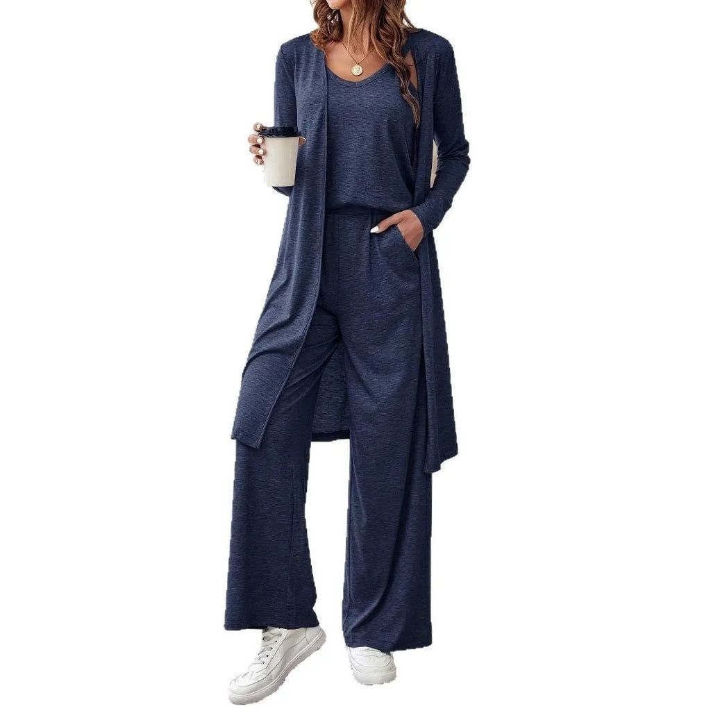Blue women's casual suit set with polyester trousers, matching long-sleeved top and black suspenders