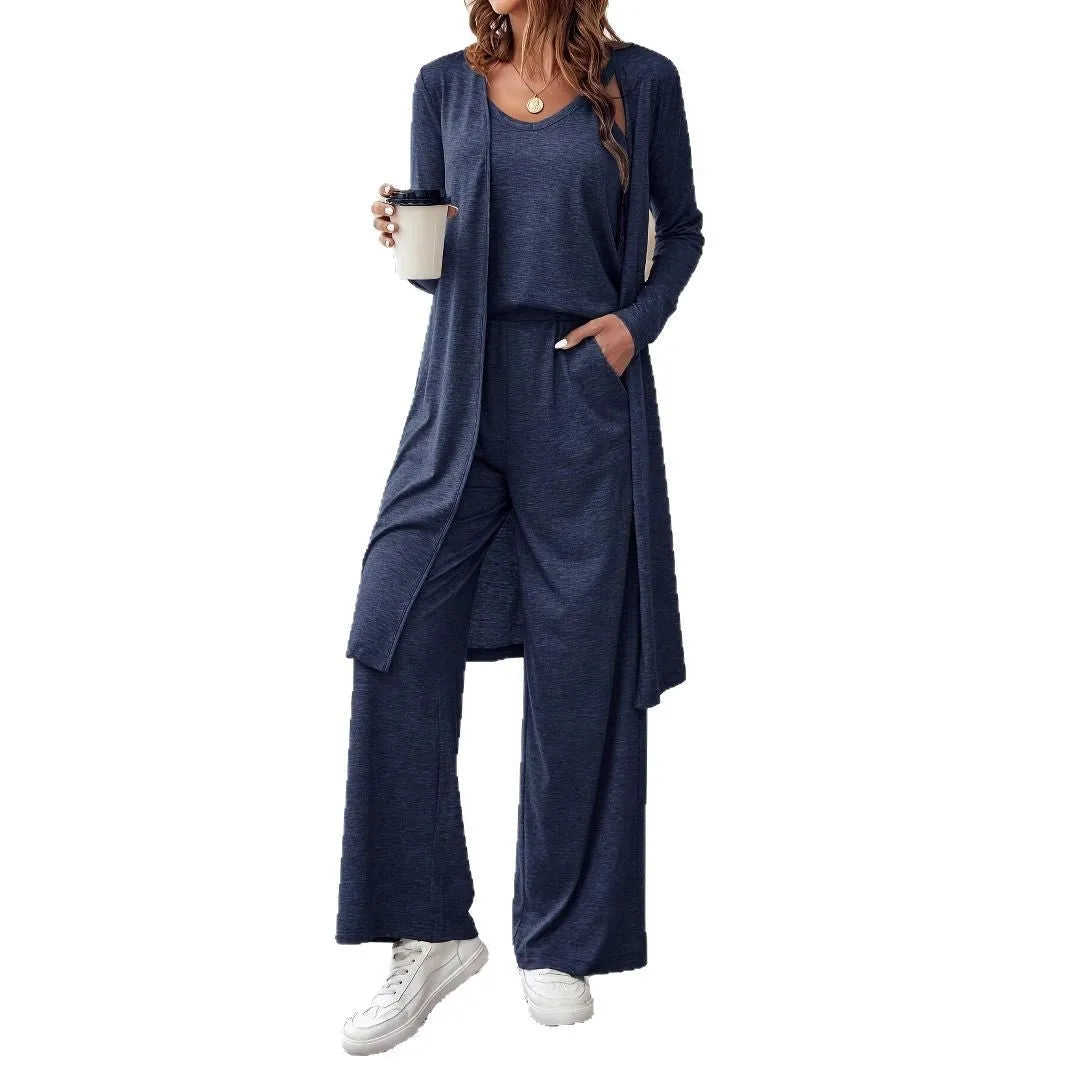 Blue women's casual suit set with polyester trousers, matching long-sleeved top and black suspenders