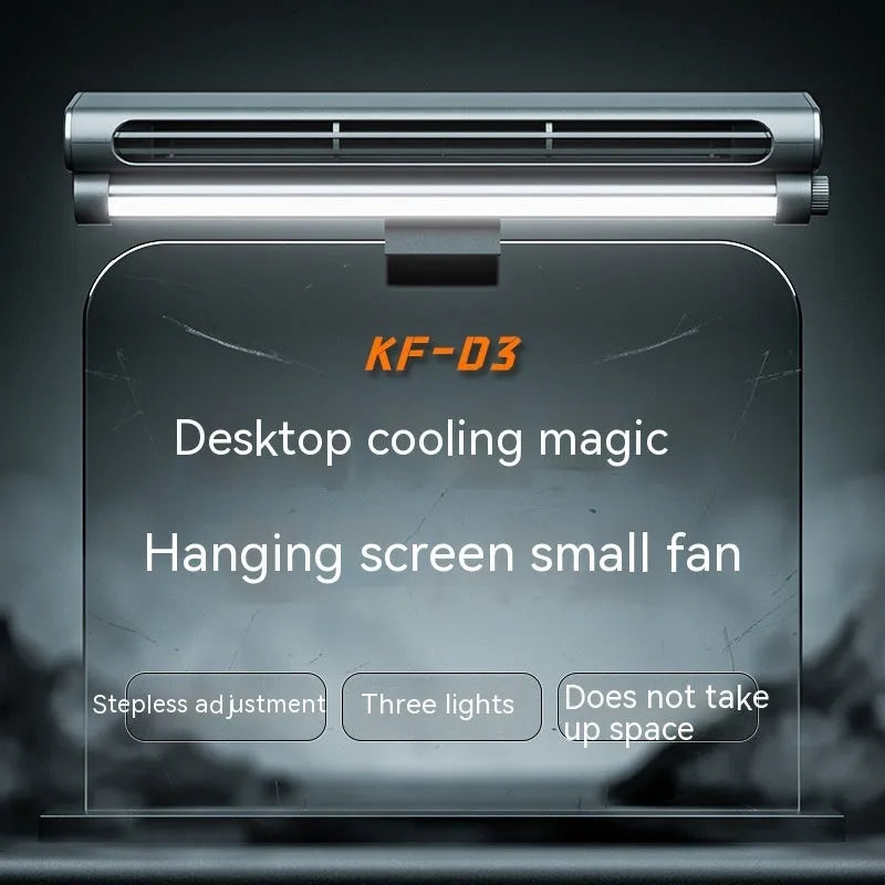 Black USB bladeless fan clipped to laptop screen with integrated lighting lamp and three-speed button control