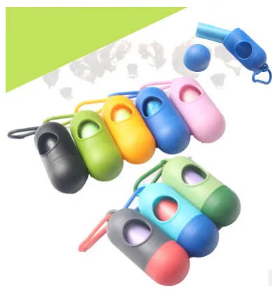 Small rectangular dog poop bag holder with a Velcro strap and metal hook, shown in a choice of colours.