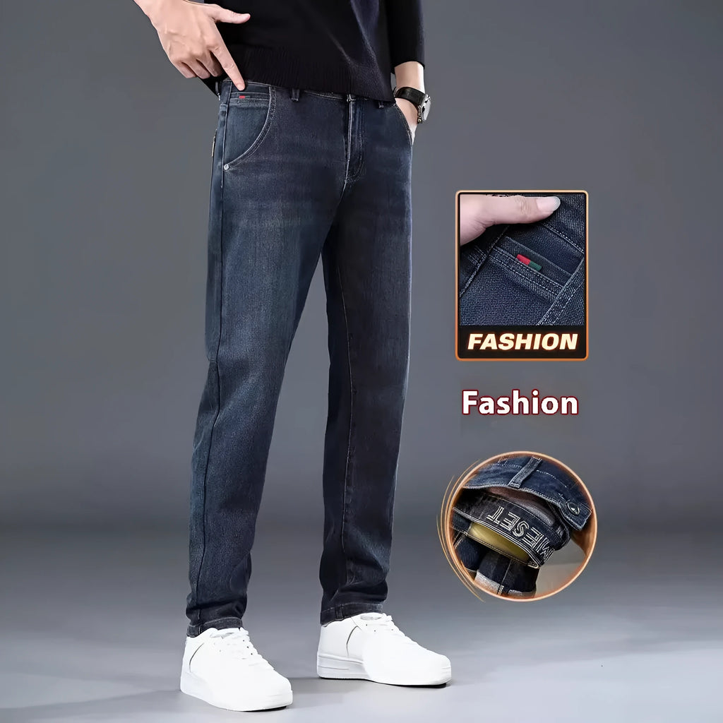 Men's slim straight casual trousers in polyester fabric with mid waist and zipper fly