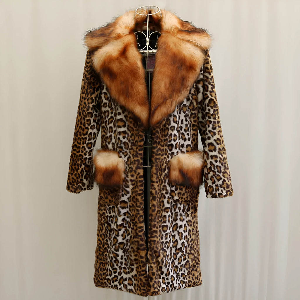 Women's long length leopard print artificial fur jacket on a hanger.