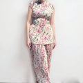 Long sleeve printed chiffon dress with high waist design in picture colour pattern