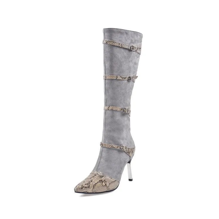 Women's black knee-high boots with thin 9cm heels and 33cm shaft height