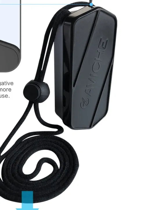 Black wearable air purifier necklace showing compact size and USB port for charging.
