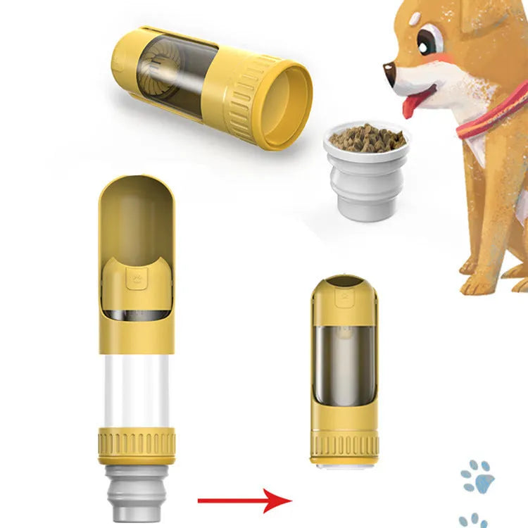 Portable dog water bottle with built-in bowl in dark blue colour showing leak-proof lock
