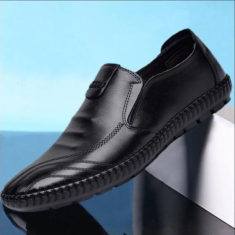 Men's black and brown PU leather business casual loafers with flat heel on size chart