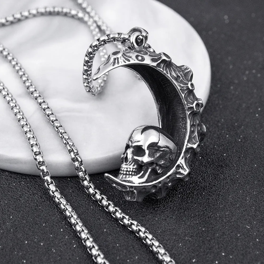 Men's silver skull necklace with stainless steel chain and alloy pendant in six design variations.