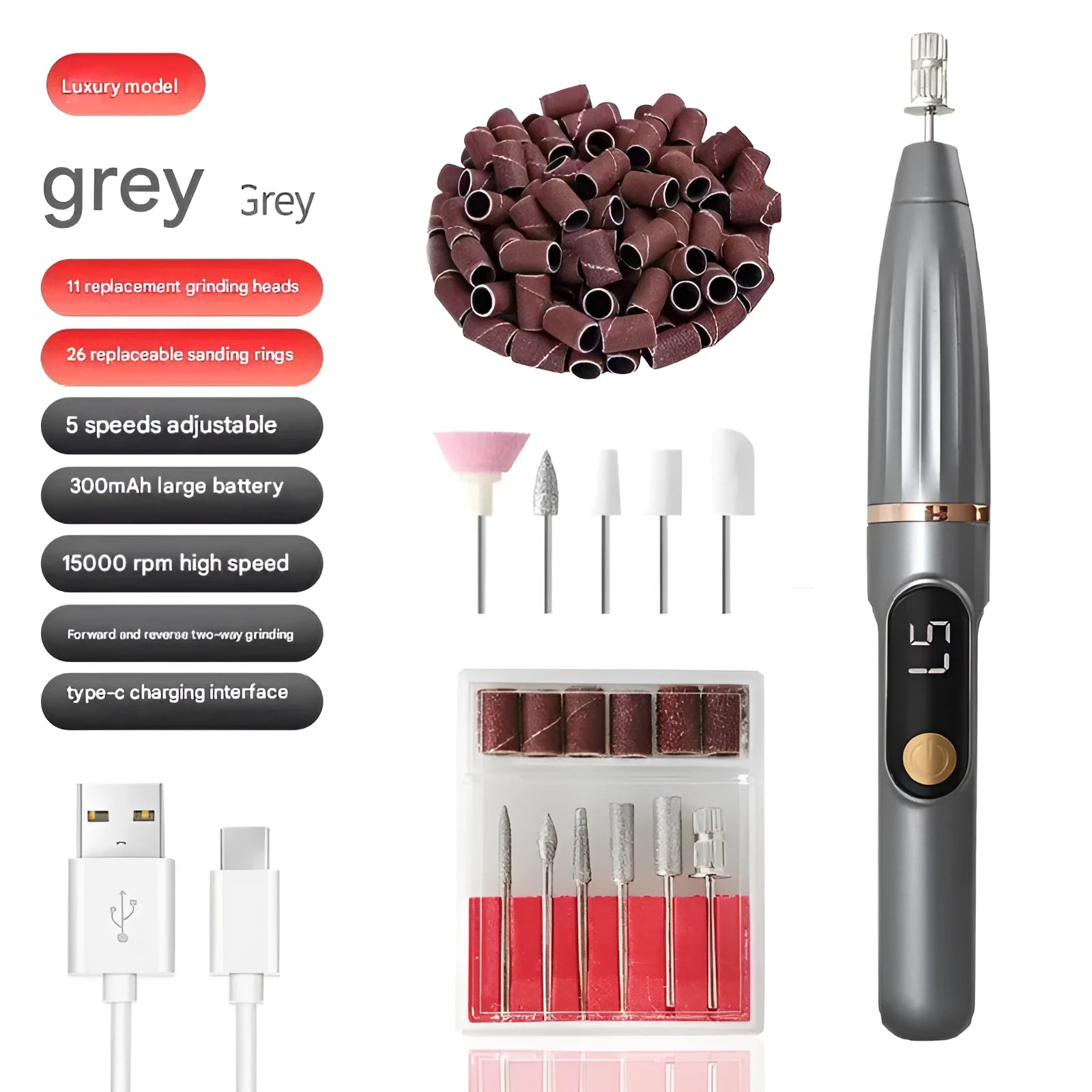 Compact electric nail file with LCD display in grey colour option