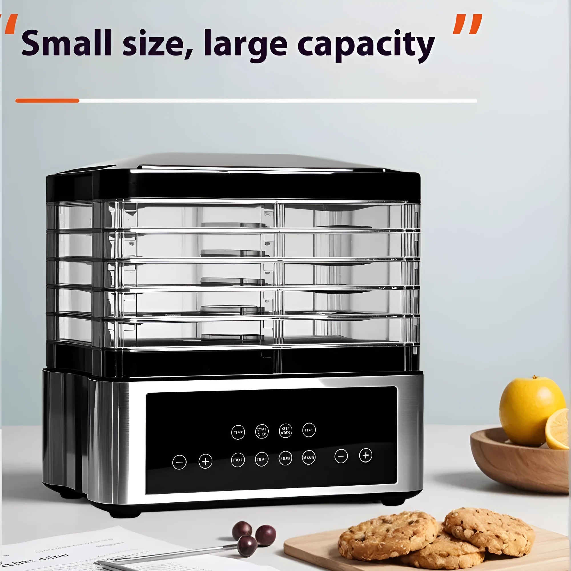 Silver stainless steel fruit dehydrator with 14L capacity and control panel for drying food at home