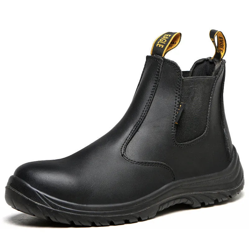 Black leather safety work boots with high-top design and anti-piercing soles for industrial protection