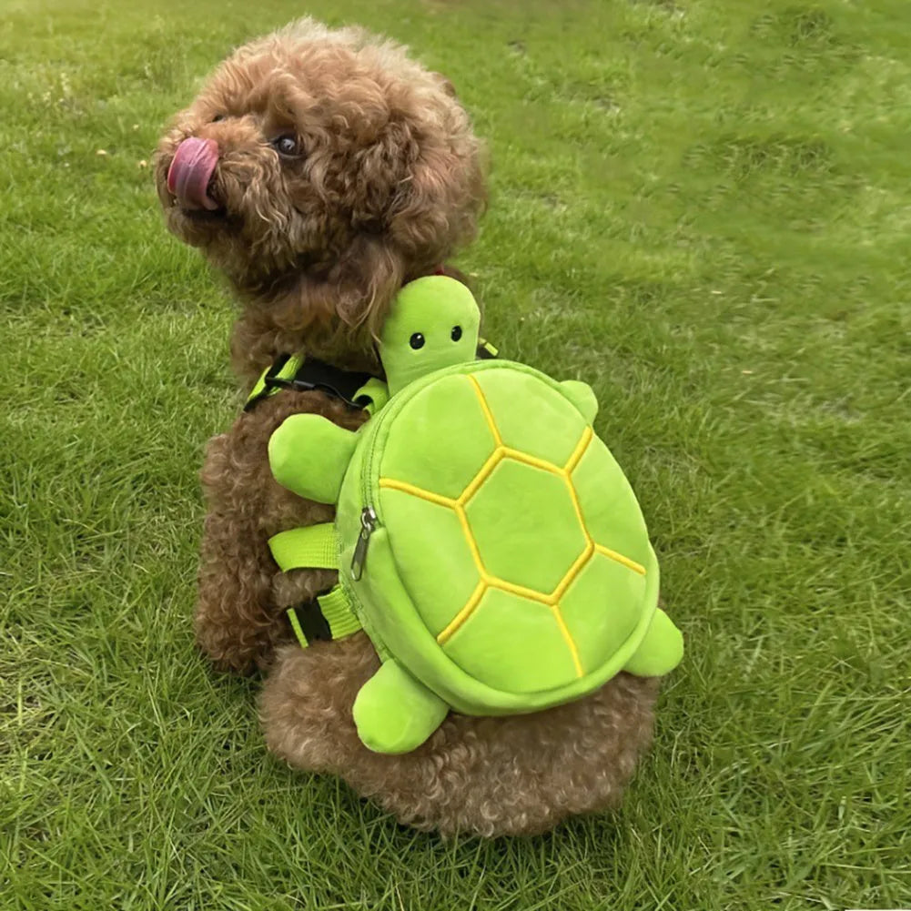 Cartoon turtle shaped velvet dog backpack harness vest with metal zipper in brown colour