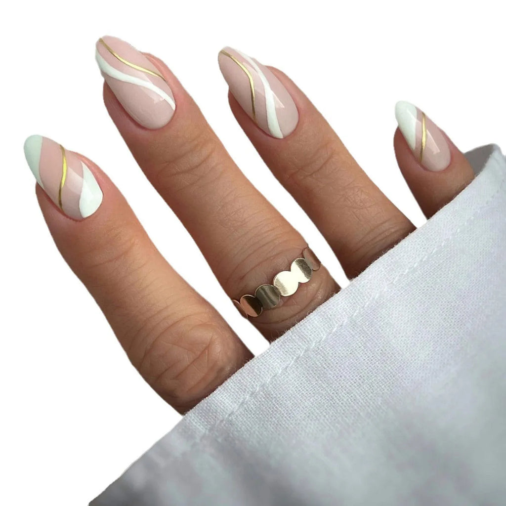 Plaid pattern plastic nail stickers in jelly glue colour on a medium, drop-shaped wearable base.