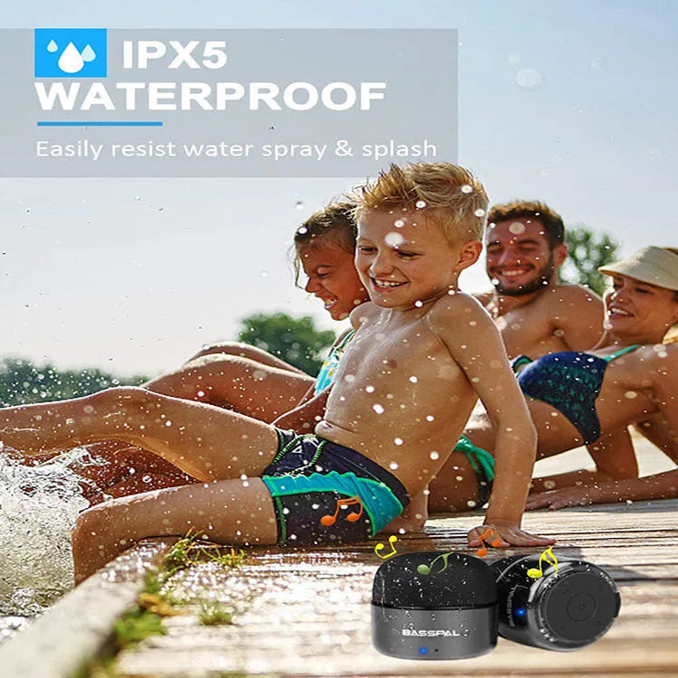 Black portable mini Bluetooth speaker with waterproof design and button controls