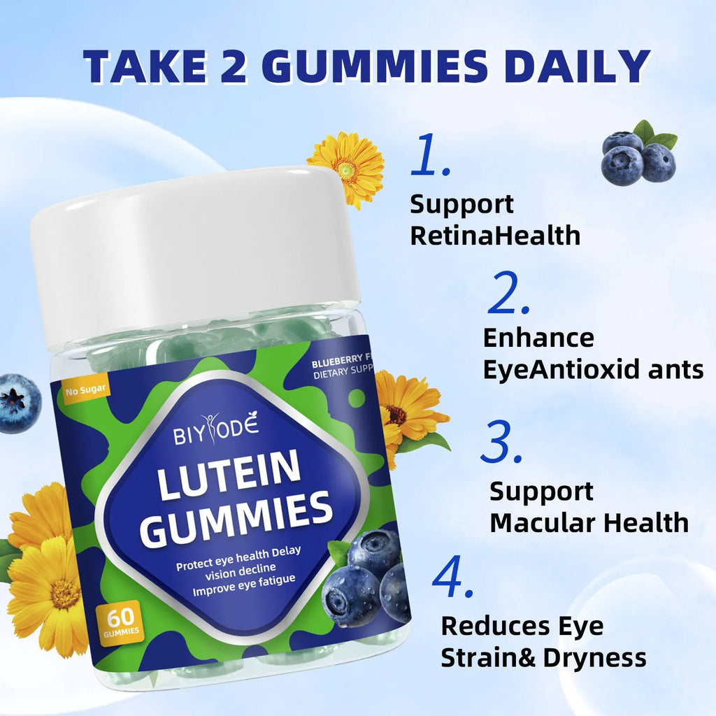 Wholesale bottle of 60 lutein gummies for eye health support with vitamins A, C, and E