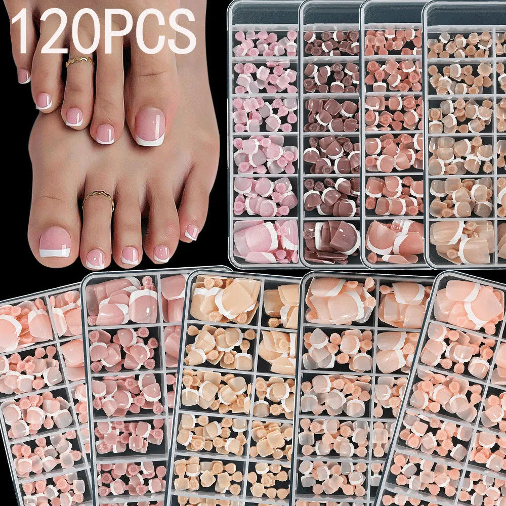 120-piece box of French white tip full square short nude nail appliqués in nine colour shades.