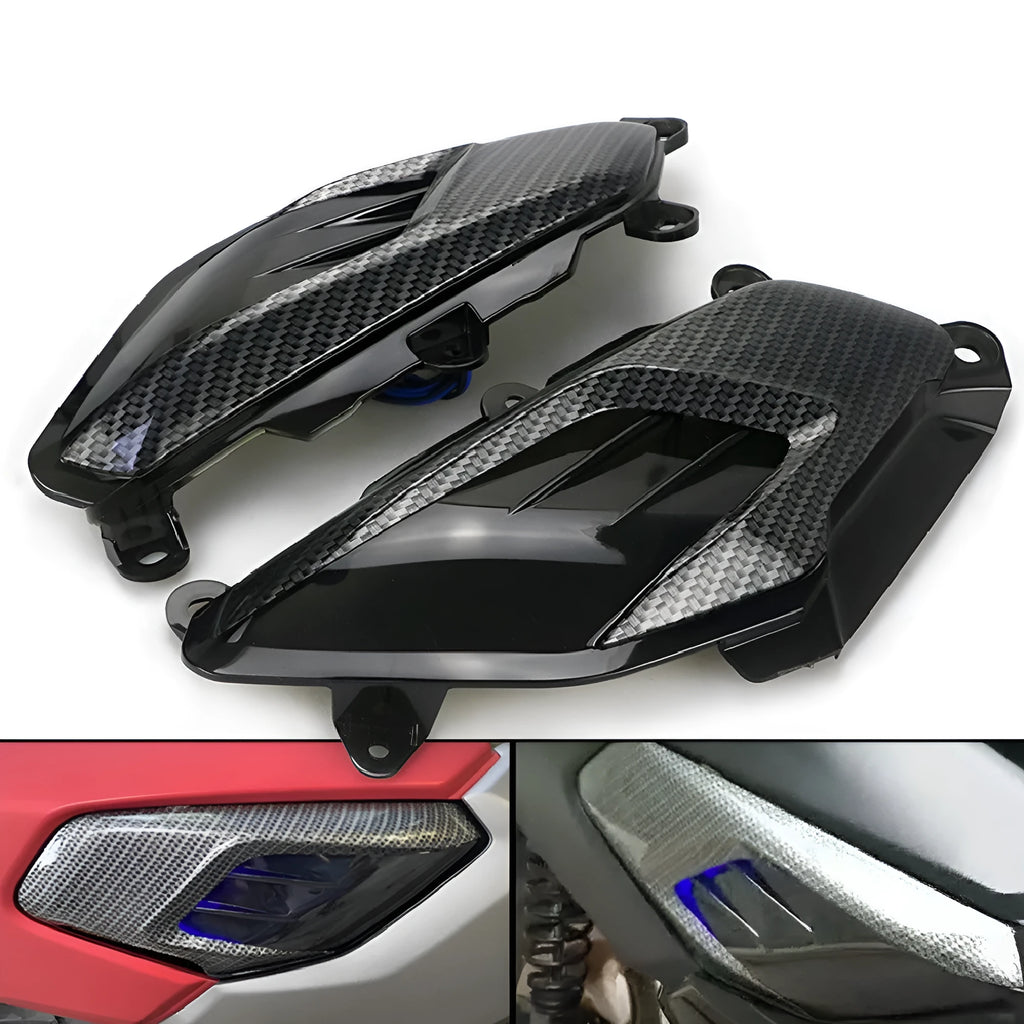 Yamaha NMAX scooter side lamp LED replacement kit with carbon fibre decoration showing blue and red light options