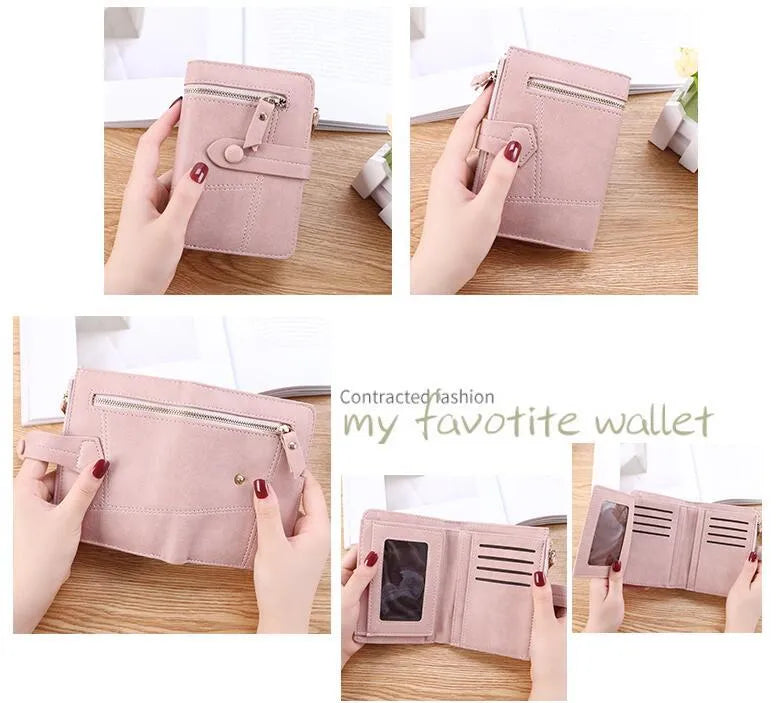 Vegan woman faux leather short wallet with zipper closure in solid colour, showing interior with bill and card compartments