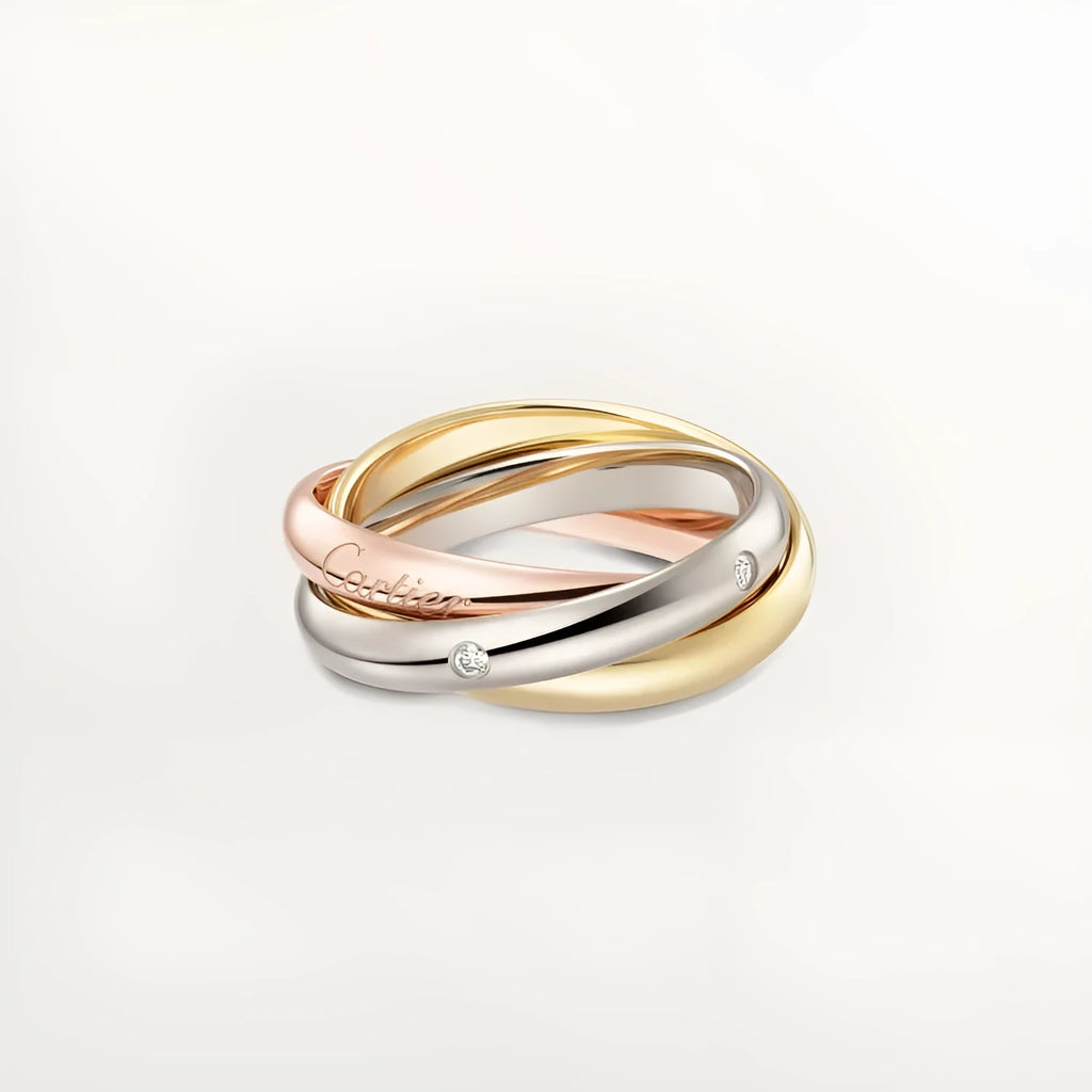 A geometric U-shaped silver couple ring engraved with text, shown in a gold rose silver finish.