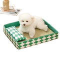 Blue rattan mat cat bed in size L, a non-removable pet sleeping nest on a wooden floor.