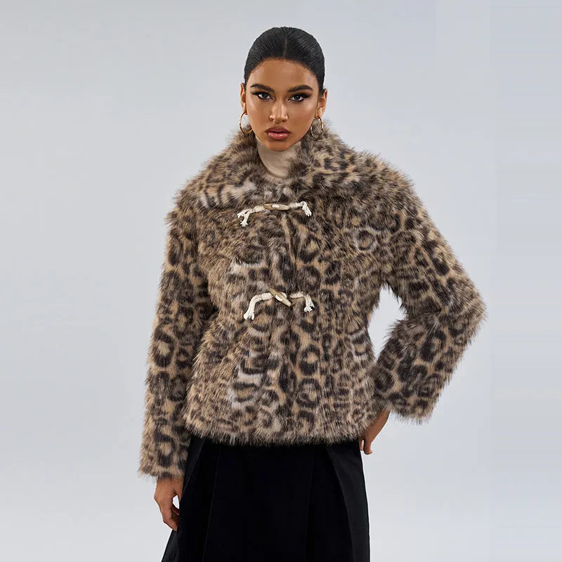 Women's leopard print coat with metallic buckle detail on lapel, regular sleeves, polyester construction